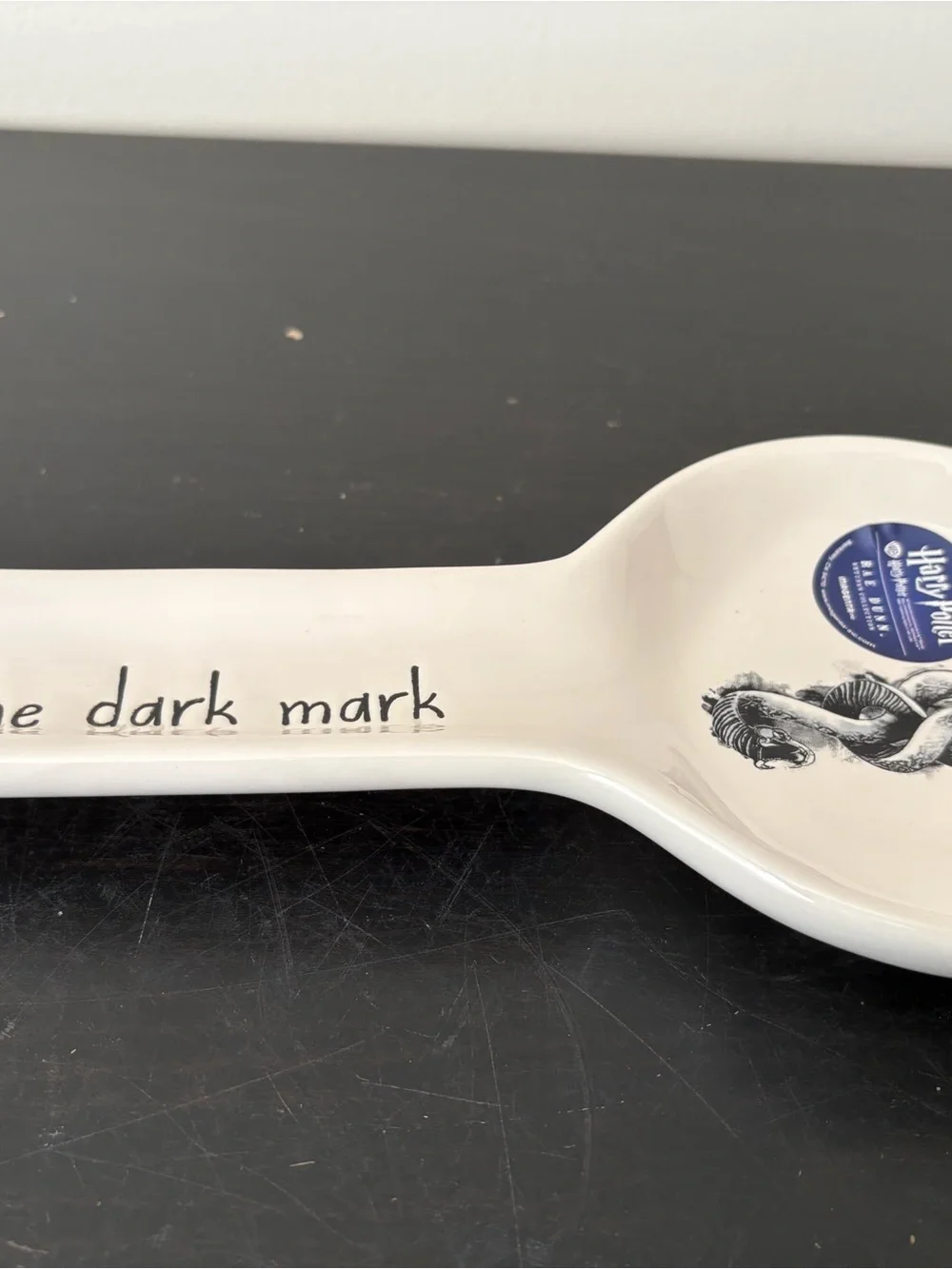 Rae Dunn White Ceramic Spoon Rest with Black Script and Artwork